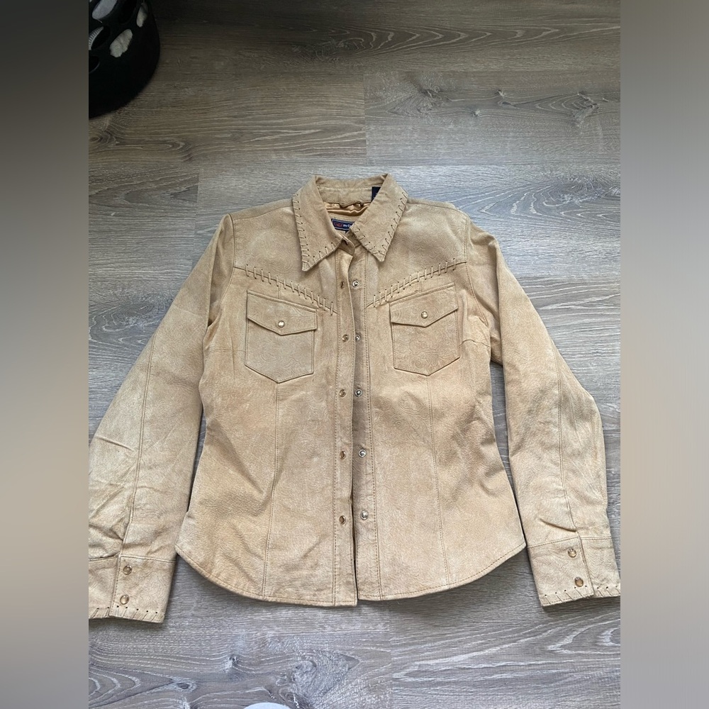 Roper Leather Floral Print Coat with Gold Snaps